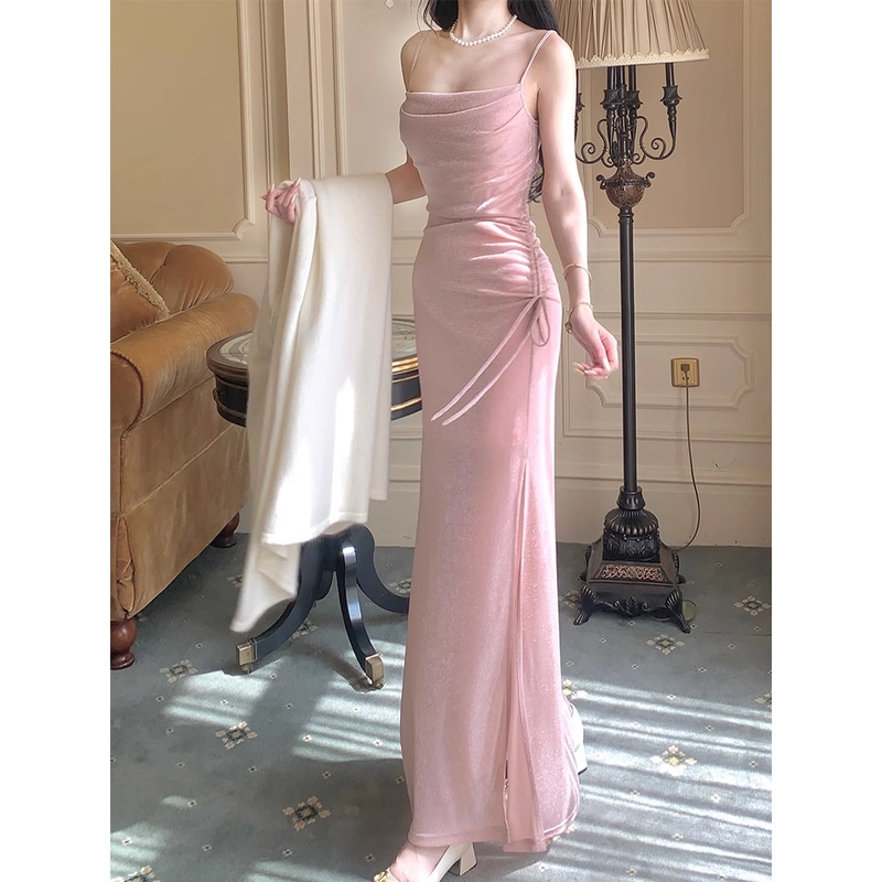 Spaghetti Straps Pink Sparkling Long Prom Dress Formal Party Gown J4800