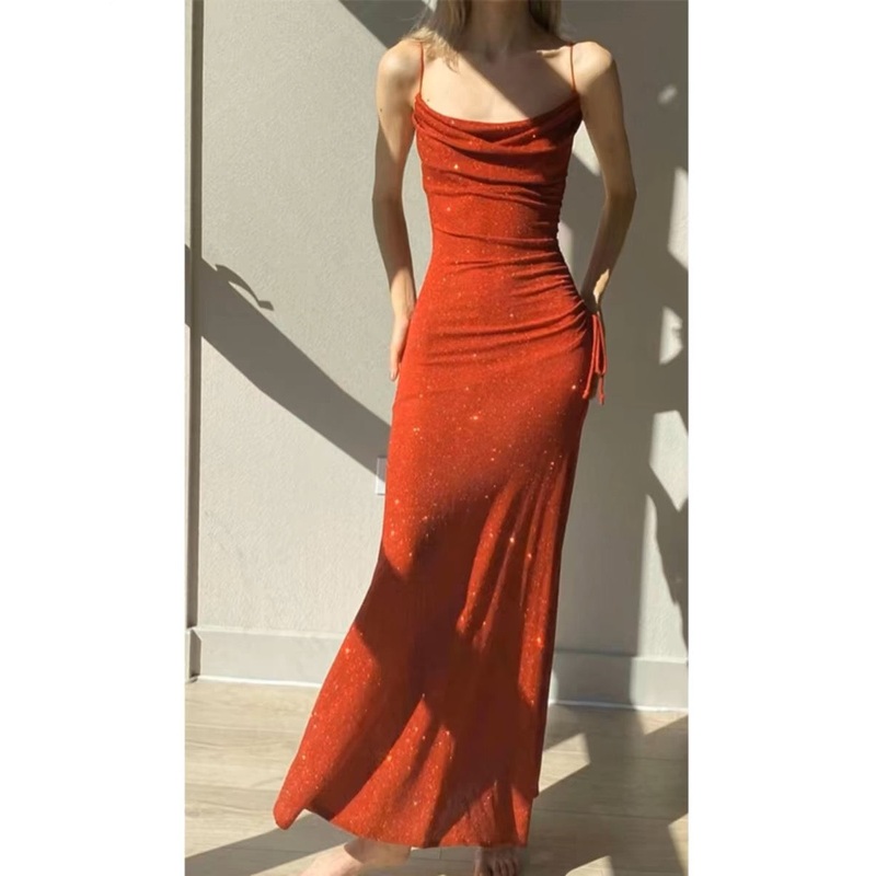 Spaghetti Straps Red Sequin Long Prom Dress Shiny Formal Evening Gown J3664