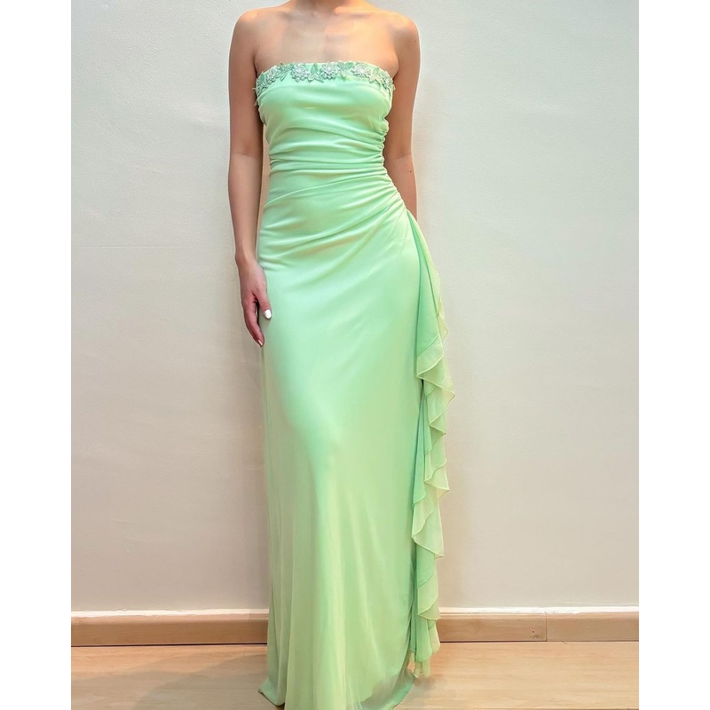 Strapless Green Sheath Ruffle Long Prom Dress J3134