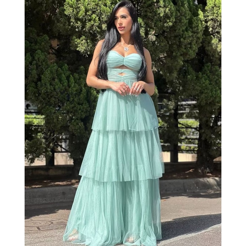 Strapless Tiffany Blue A Line Layered Prom Dress J2787