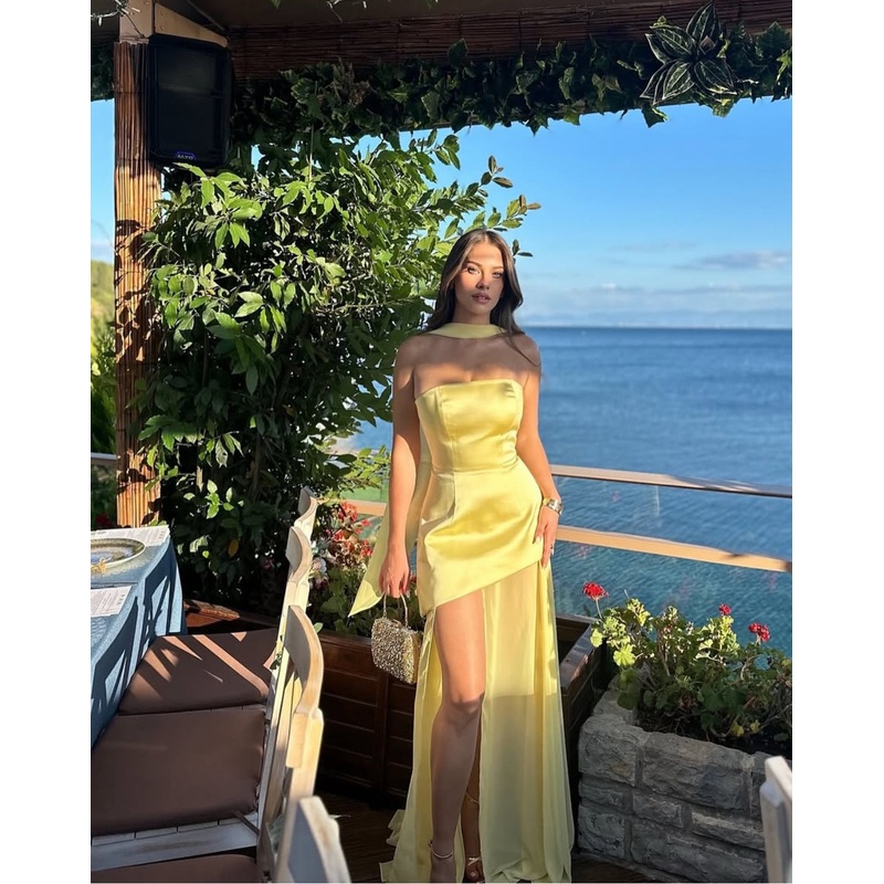 Strapless Yellow Prom Dress Satin Wedding Guest Dress Birthday Outfit J7650