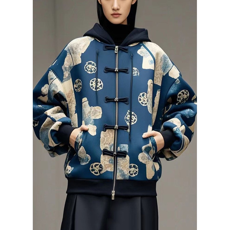 Style Navy Print Chinese Button Cotton Hoodie Coat Fall