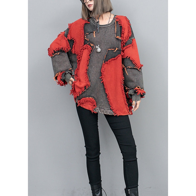 Style Red O Neck Tassel Patchwork Denim Pullover Tops Spring