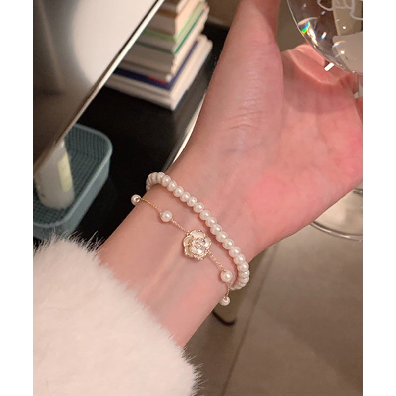Style White Alloy Pearl Camellia Double Layer Charm Bracelet