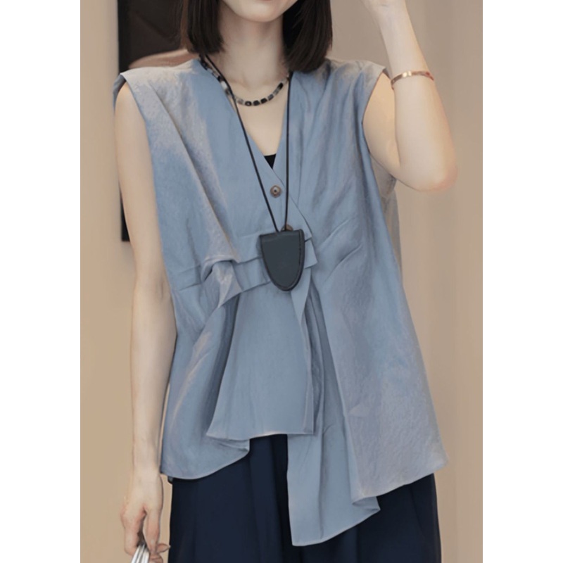 Stylish Blue V Neck Asymmetrical Wrinkled Shirt Sleeveless