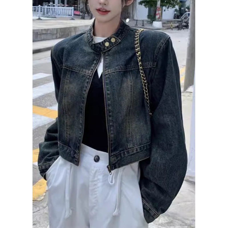 Stylish Old Blue Stand Collar Button Denim Coats Spring