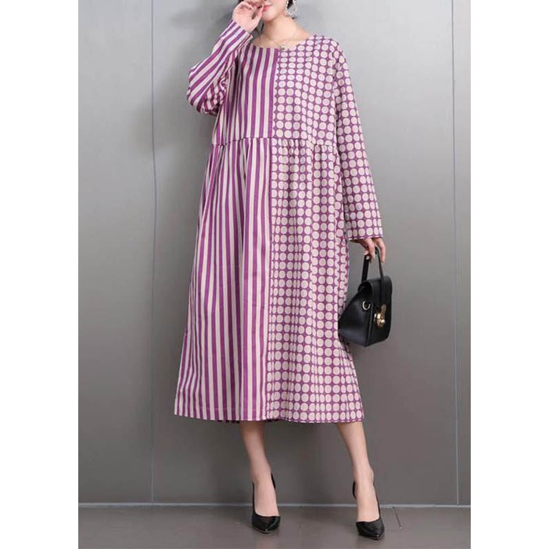 Stylish Purple O-Neck Patchwork Dot Maxi Dress Fall
