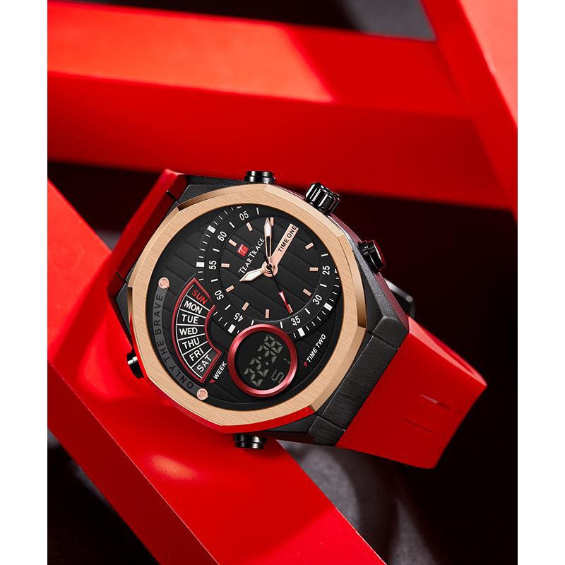 Stylish Red Metal Silicone Rubber Quartz Movement Tempered Glass Watch