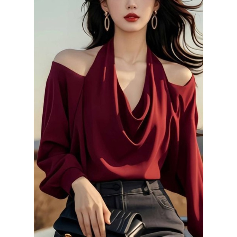 Stylish Wine Red Cold Shoulder Solid Original Design Tops Spring