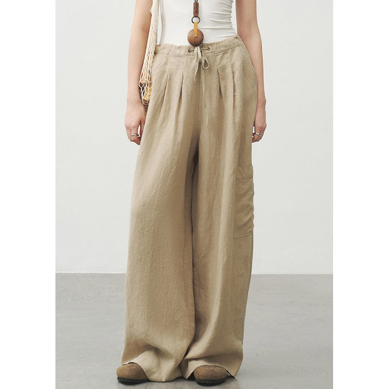 Unique Khaki Pockets Drawstring Lace Up Linen Pants Summer