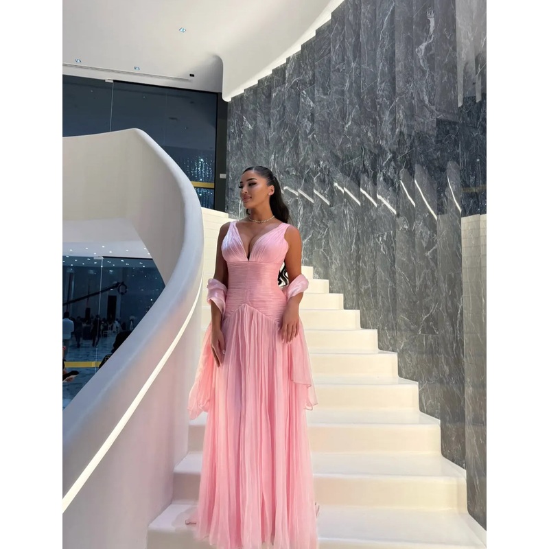 V Neck A Line Long Prom Dress Pink Wedding Guest Dress J8030