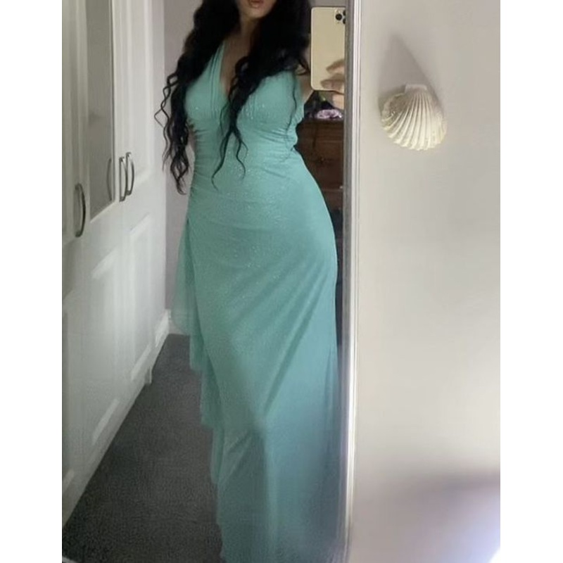 V Neck Tiffany Blue Sparkling Ruffle Prom Dress Formal Party Gown J4688