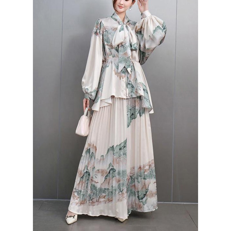 Vintage White Bow Print Chiffon Shirts And Maxi Skirts Two Pieces Set Spring