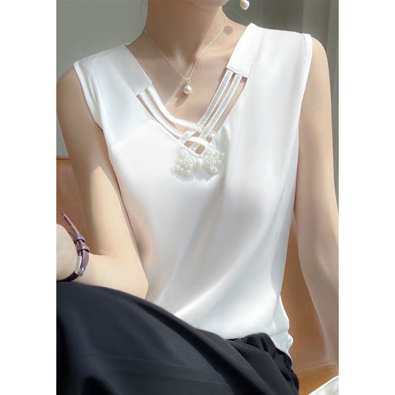 White Nail Bead Solid Silk Tank V Neck Sleeveless