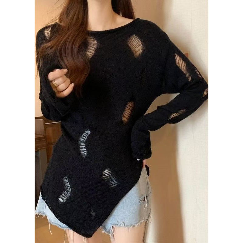 Women Black Hollow Out Thin Knit Sweater Spring