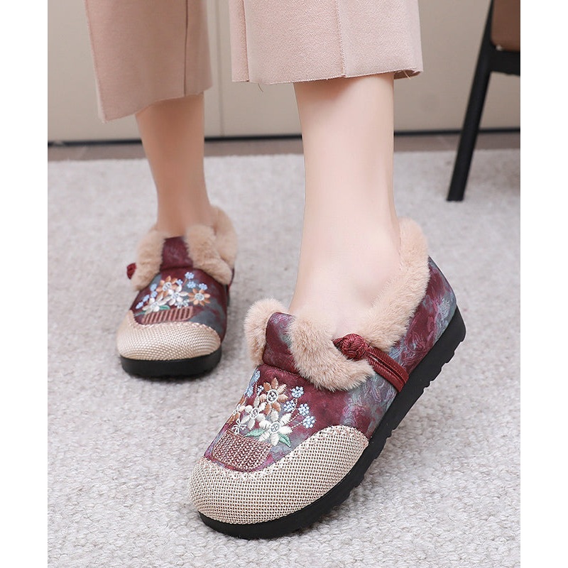 Women Comfy Embroidery Flat Feet Shoes Red Fuzzy Wool Lined