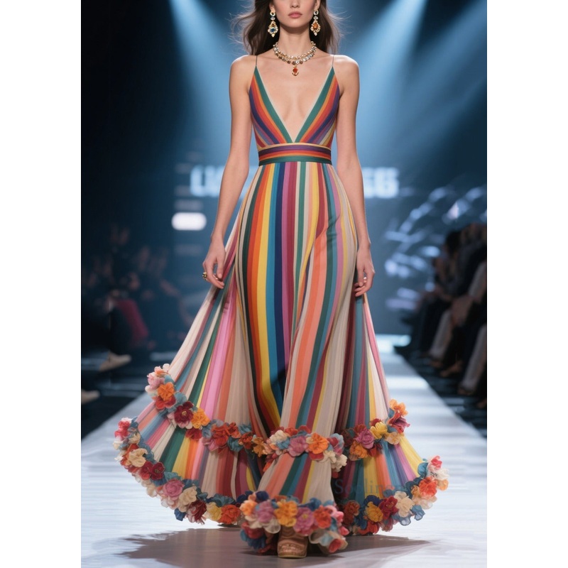 Women Multicolour Striped Flower Decorated Chiffon Evening Dress Summer