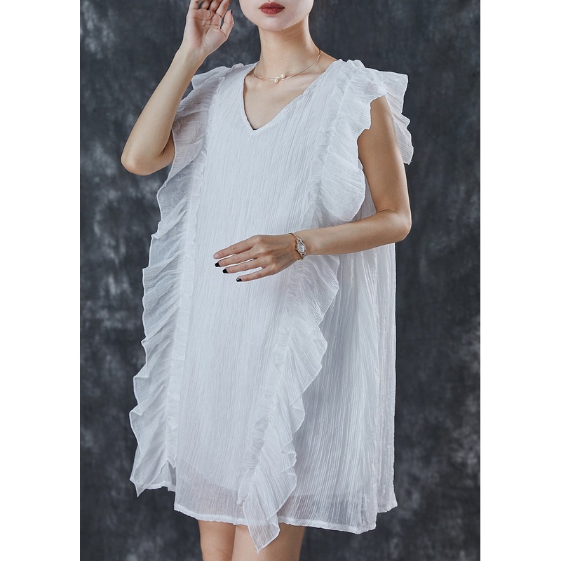 Women White Ruffles Patchwork Chiffon Work Dress Summer