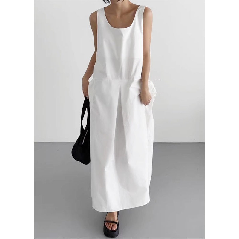 Women White U Neck Cotton Robe Dresses Sleeveless