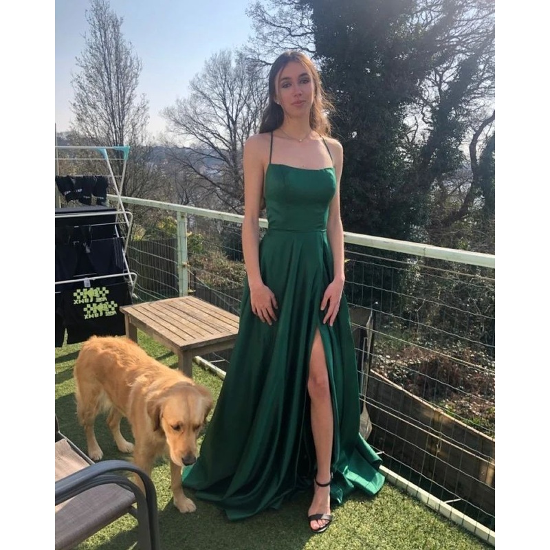 A Line Green Satin Long Prom Dress With Slit J3119