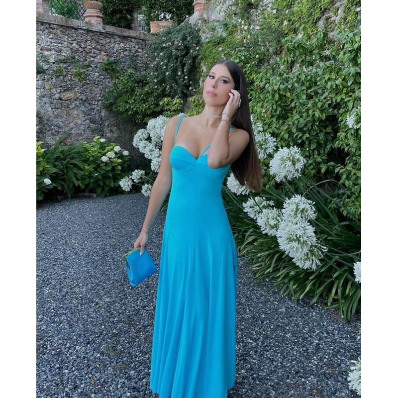 A Line Spaghetti Straps Blue Chiffon Prom Dress J2651