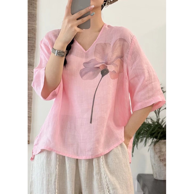 Art Pink V Neck Print Side Open Linen T Shirt Half Sleeve