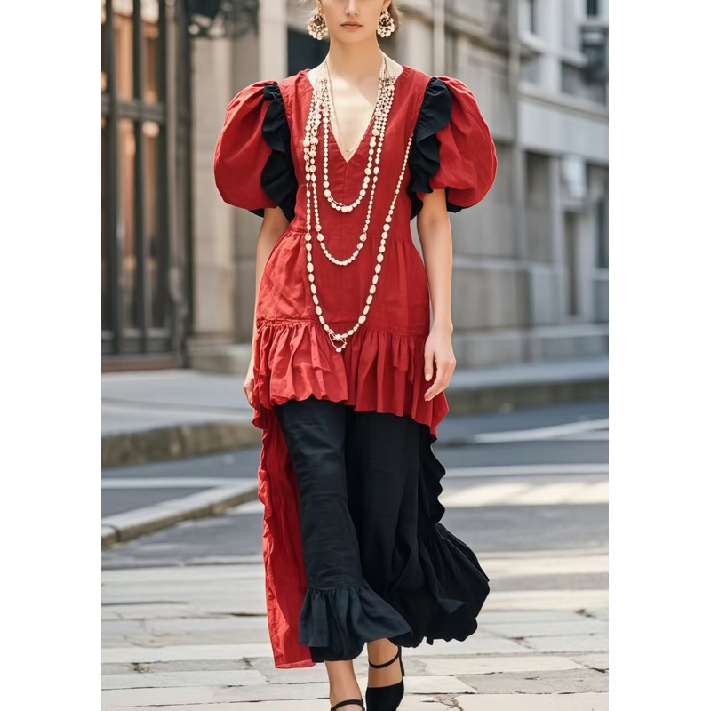 Art Red Puff Sleeve Patchwork Cotton Fake Two Piece Dress