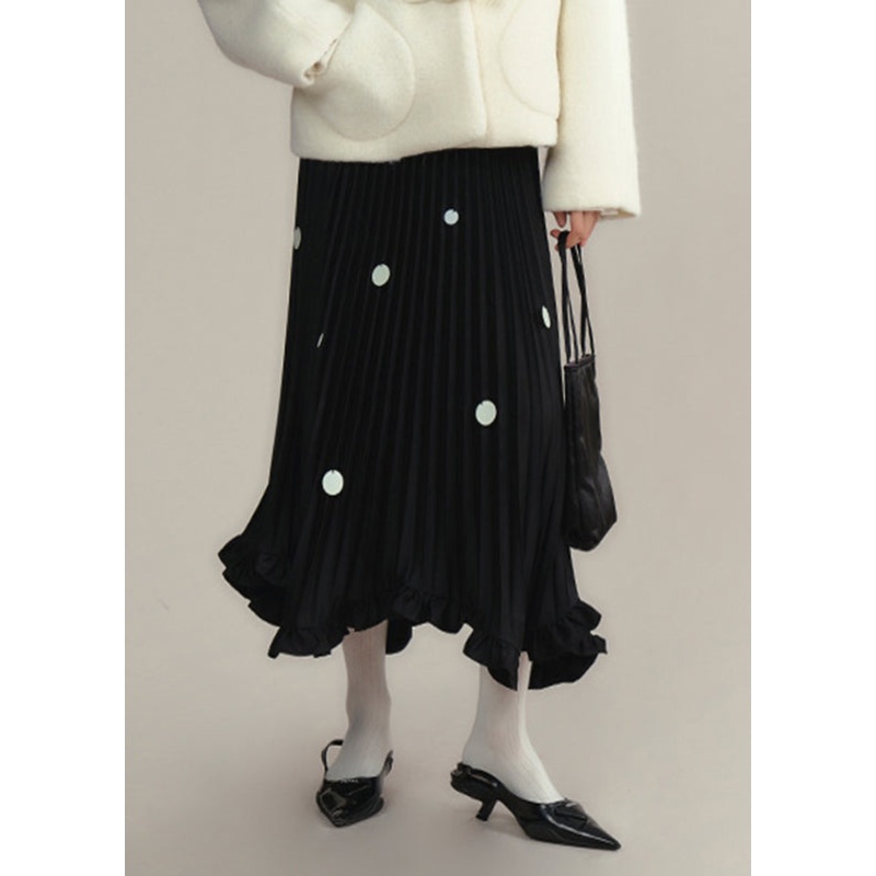 Beautiful Black Ruffled Sequins Dot Maxi Skirts Spring