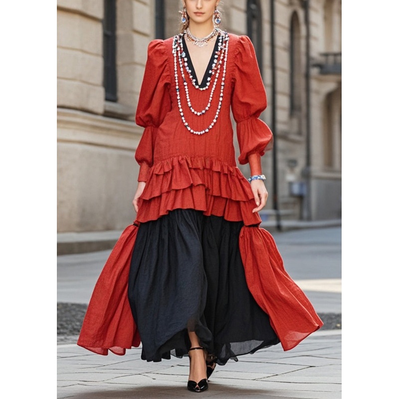 Beautiful Red Ruffled Patchwork Cotton Vacation Dresses Lantern Sleeve