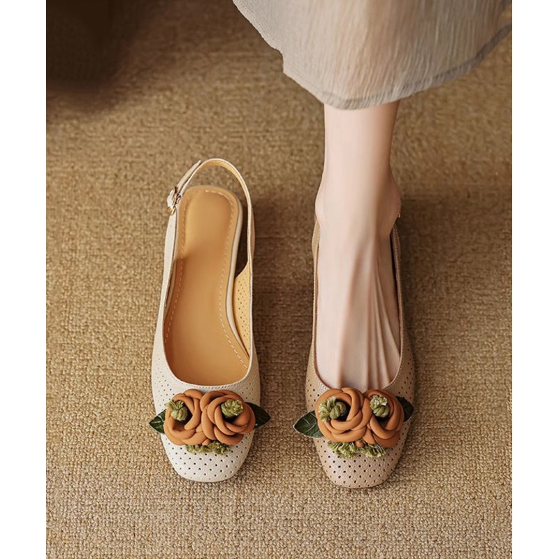 Beige Floral Chunky Sheepskin Classy Splicing Sandals Hollow Out