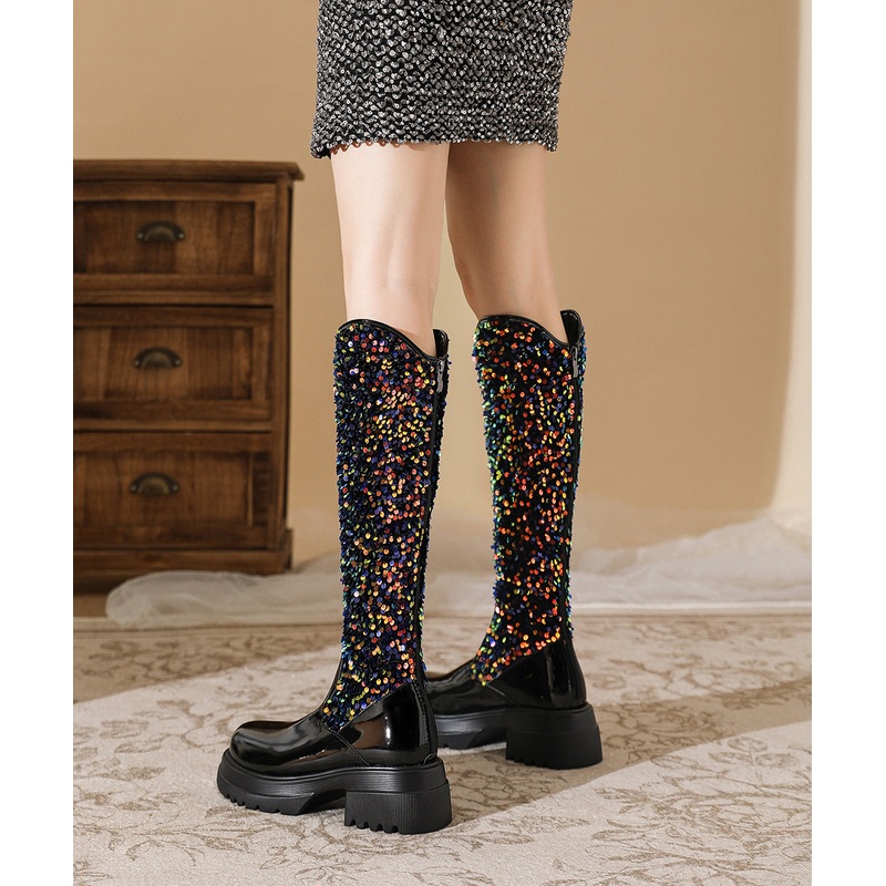 Black Chunky Faux Leather Stylish Splicing Sequins Boots