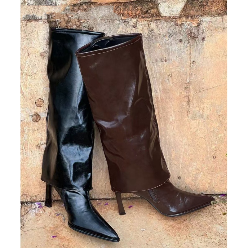 Black Faux Leather Stiletto Heels Boots Fashion Splicing