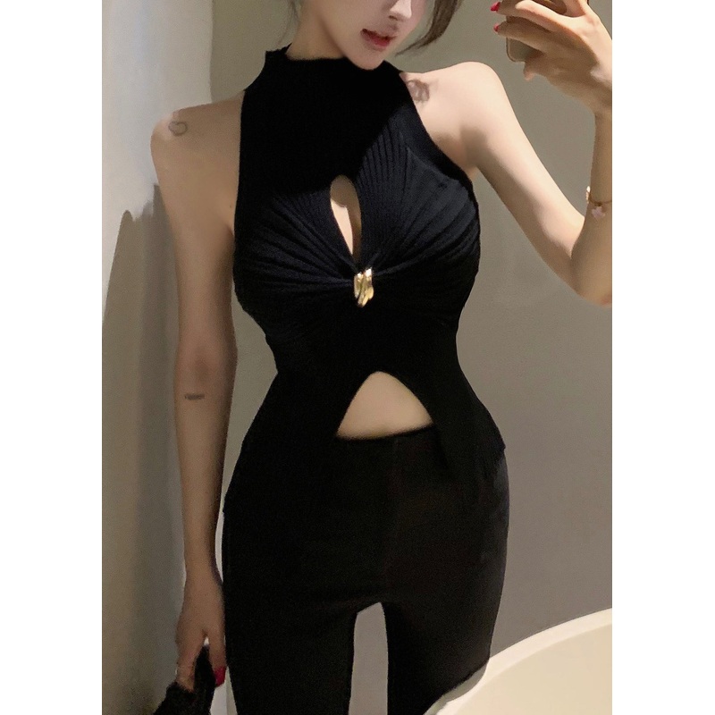 Black Hollow Out Knit Tank Turtleneck Sleeveless