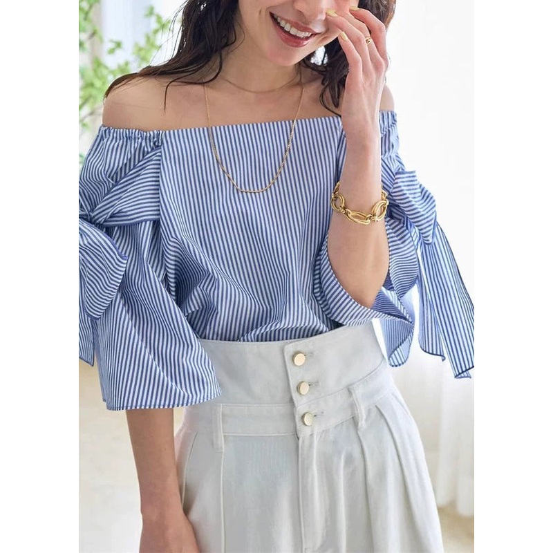 Blue Striped Cotton Shirt Cold Shoulder Summer