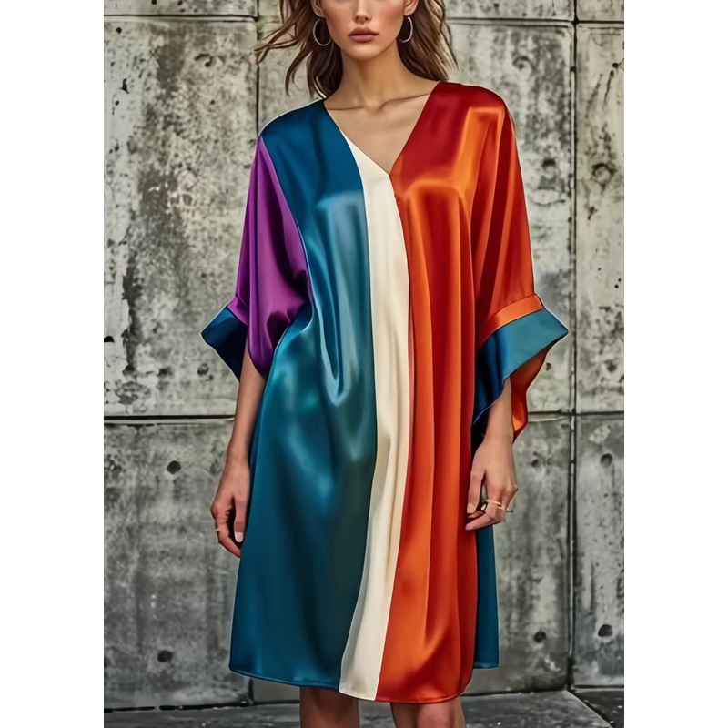 Bohemian Colorblock Asymmetrical Patchwork Silk Day Dress Summer
