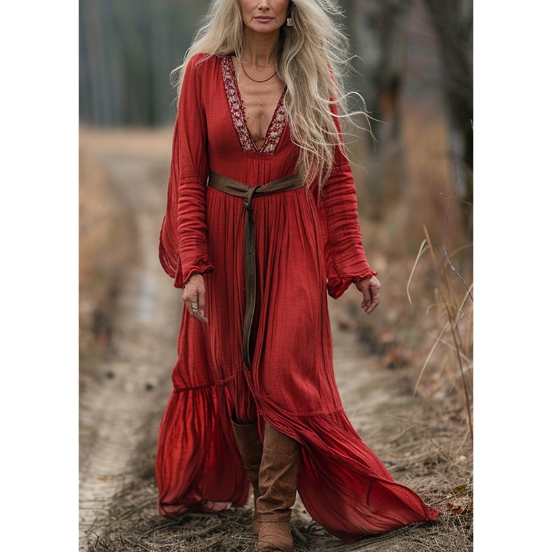 Bohemian Red V Neck Patchwork Cotton Dress Long Sleeve
