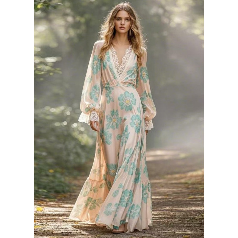 Boho Apricot V Neck Print Patchwork Silk Maxi Dresses Spring