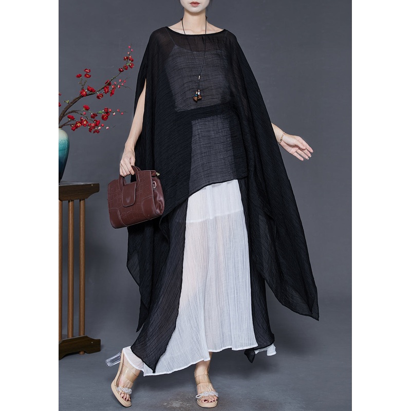 Boho Black Asymmetrical Design Chiffon Long Tops Summer