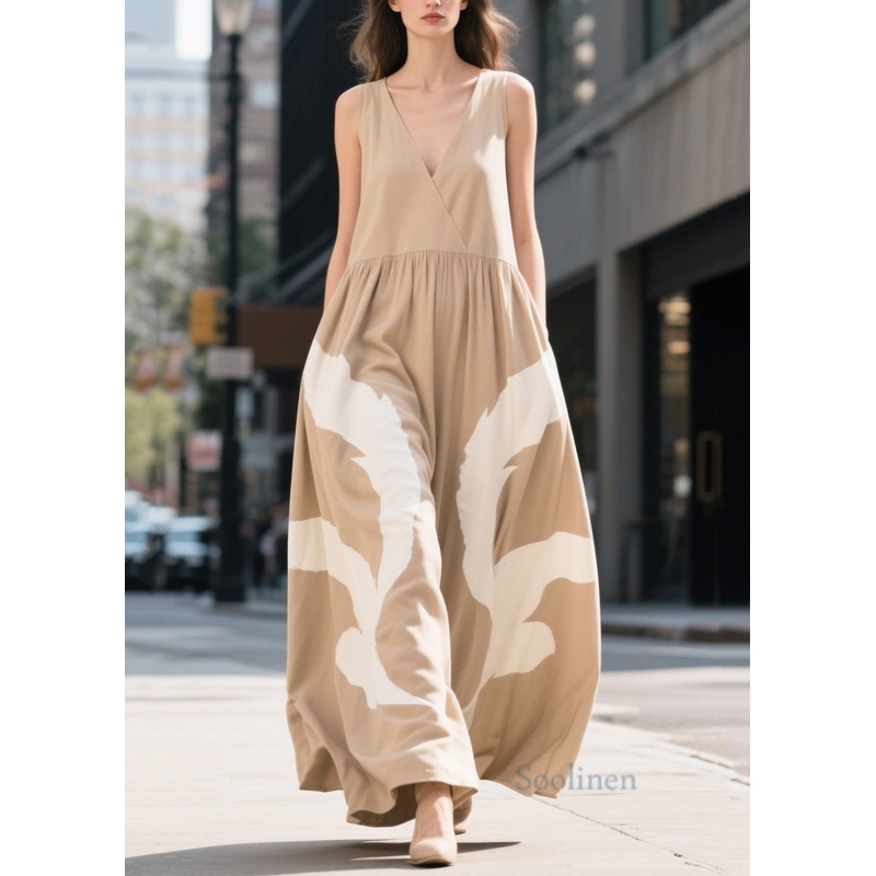 Boho Khaki V Neck Print Cotton Ankle Dress Summer