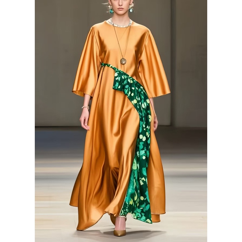 Boho Orange Oversized Print Silk Maxi Dresses Spring