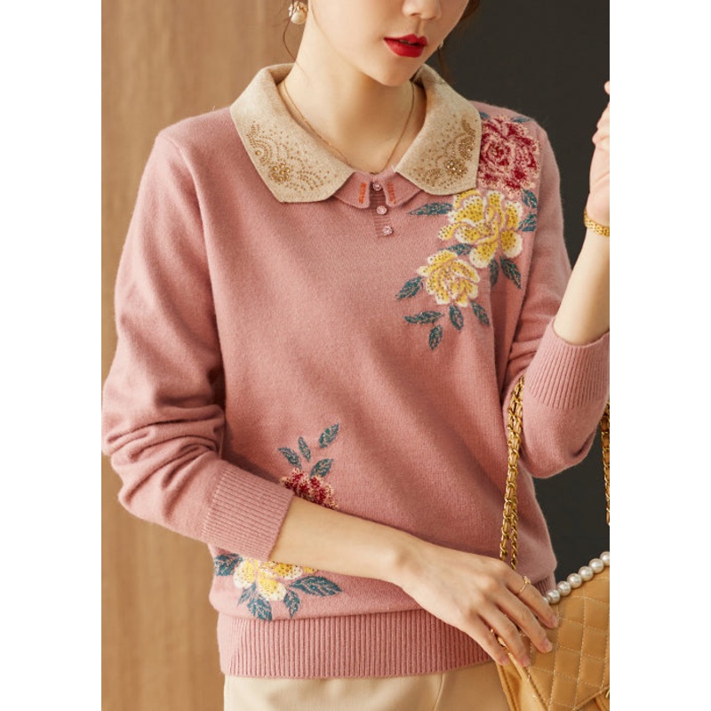Boutique Pink Peter Pan Collar Zircon Floral Knit Sweaters Spring