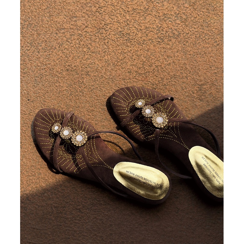 Brown Zircon Splicing Chic Wedge Suede Slide Sandals