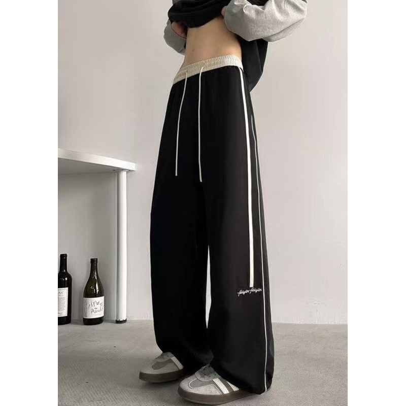 Casual Black Striped Elastic Waist Cotton Men Wide Leg Pants Summer