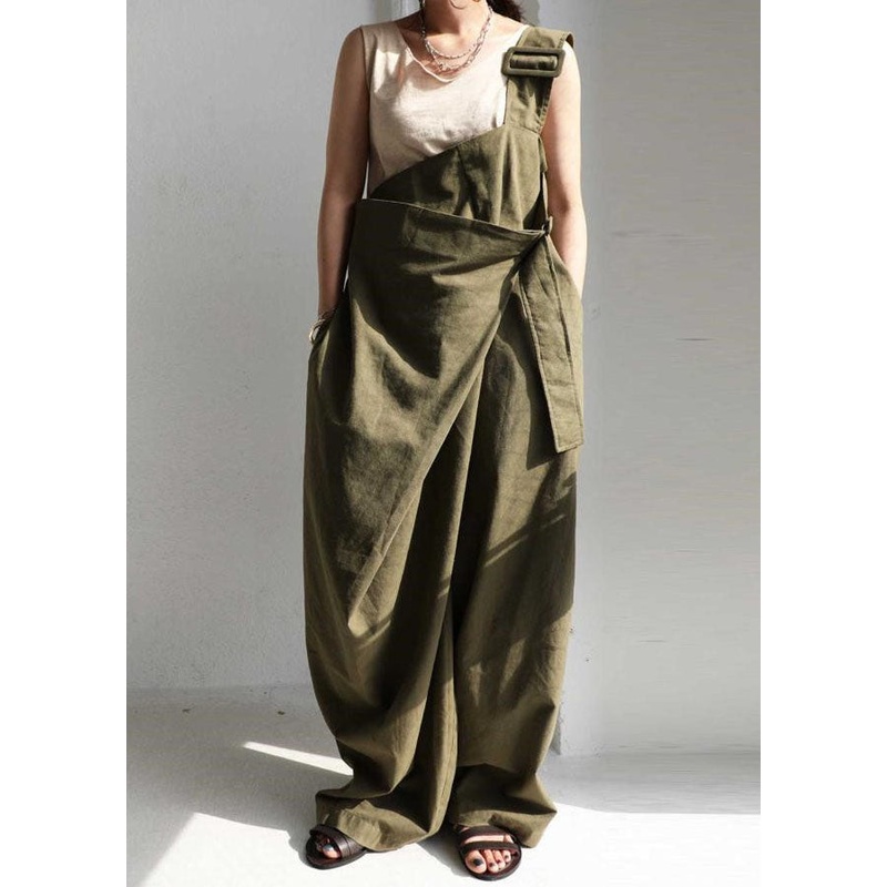 Casual Green One Shoulder Pockets Cotton Strap Jumpsuit Summer