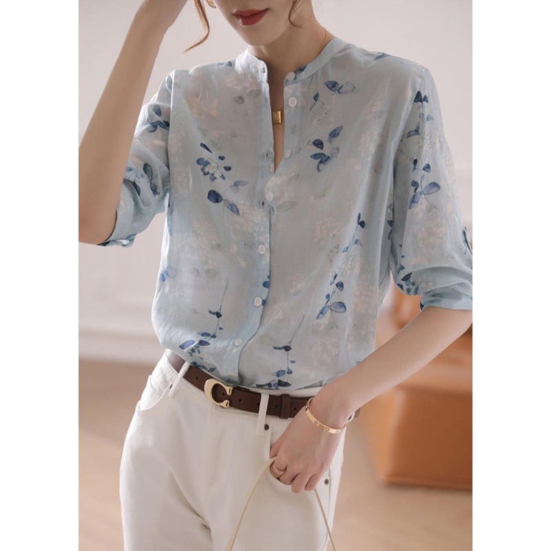 Casual Light Blue Print Linen Top Bracelet Sleeve