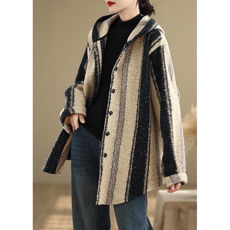 Casual Plus Size Striped Woolen Hoodie Coat Spring