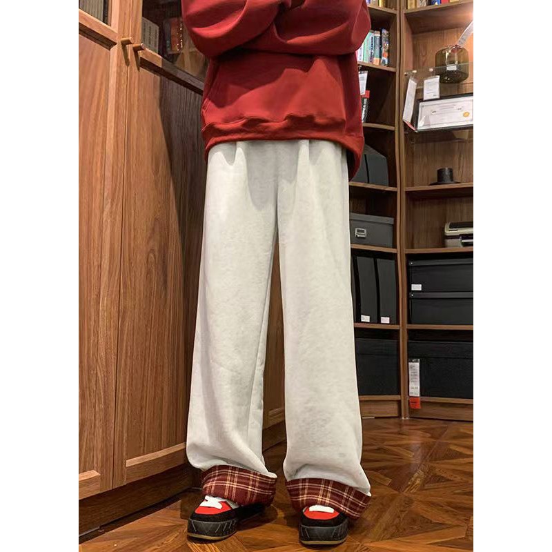 Casual White Plaid Patchwork Warm Fleece Men Pants Spring
