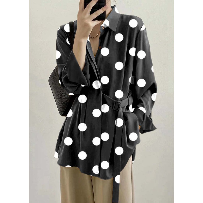 Chic Black polka dots Peter Pan Collar Lace Up Loose Shirt Top Spring