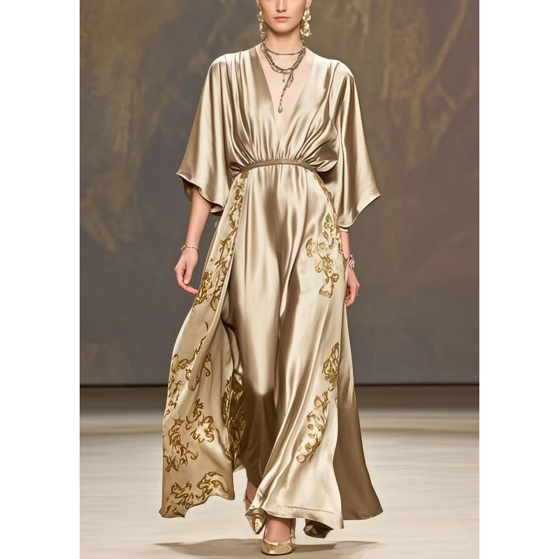 Chic Golden Print Exra Large Hem Silk Maxi Dresses Summer