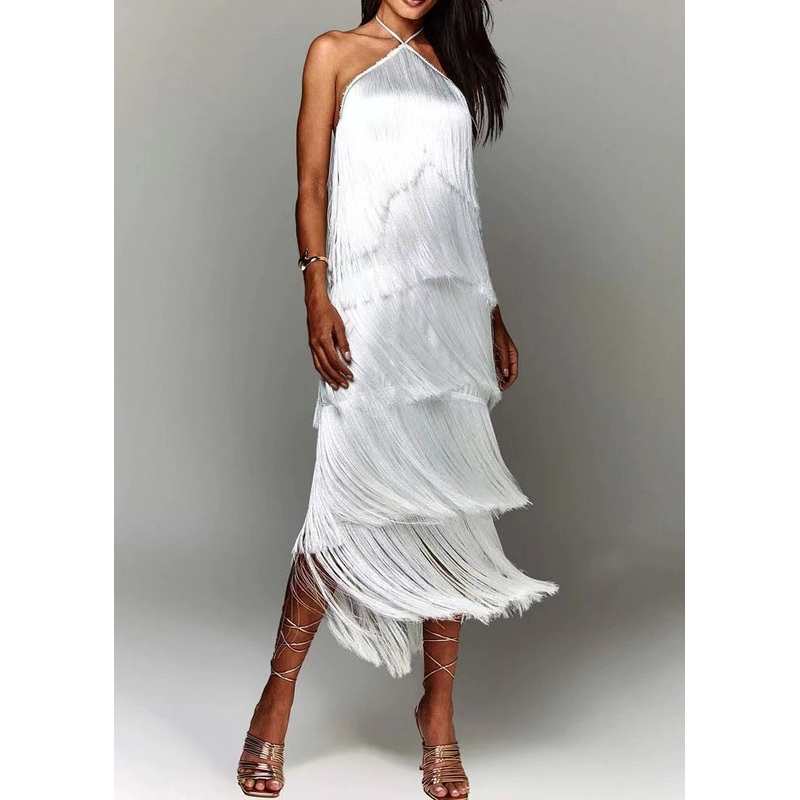 Chic White Backless Tasseled Halter Dress Summer